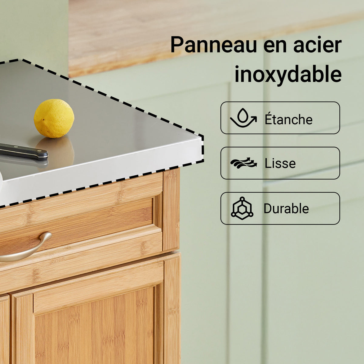 SoBuy FKW13-N Cărucior de Bucătărie pe Roți din Bambus cu Blat din Oțel Inoxidabil, 1 Sertar și 2 Uși, Cărucior de Servire – 66x46x92 cm, Natural