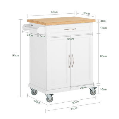 SoBuy FKW13-WN Cărucior de Bucătărie cu Roți, cu Blat din Bambus, 1 Sertar și 2 Uși, Cărucior de Servire pentru Bucătărie sau Restaurant – 66x45x91 cm, Alb și Natural