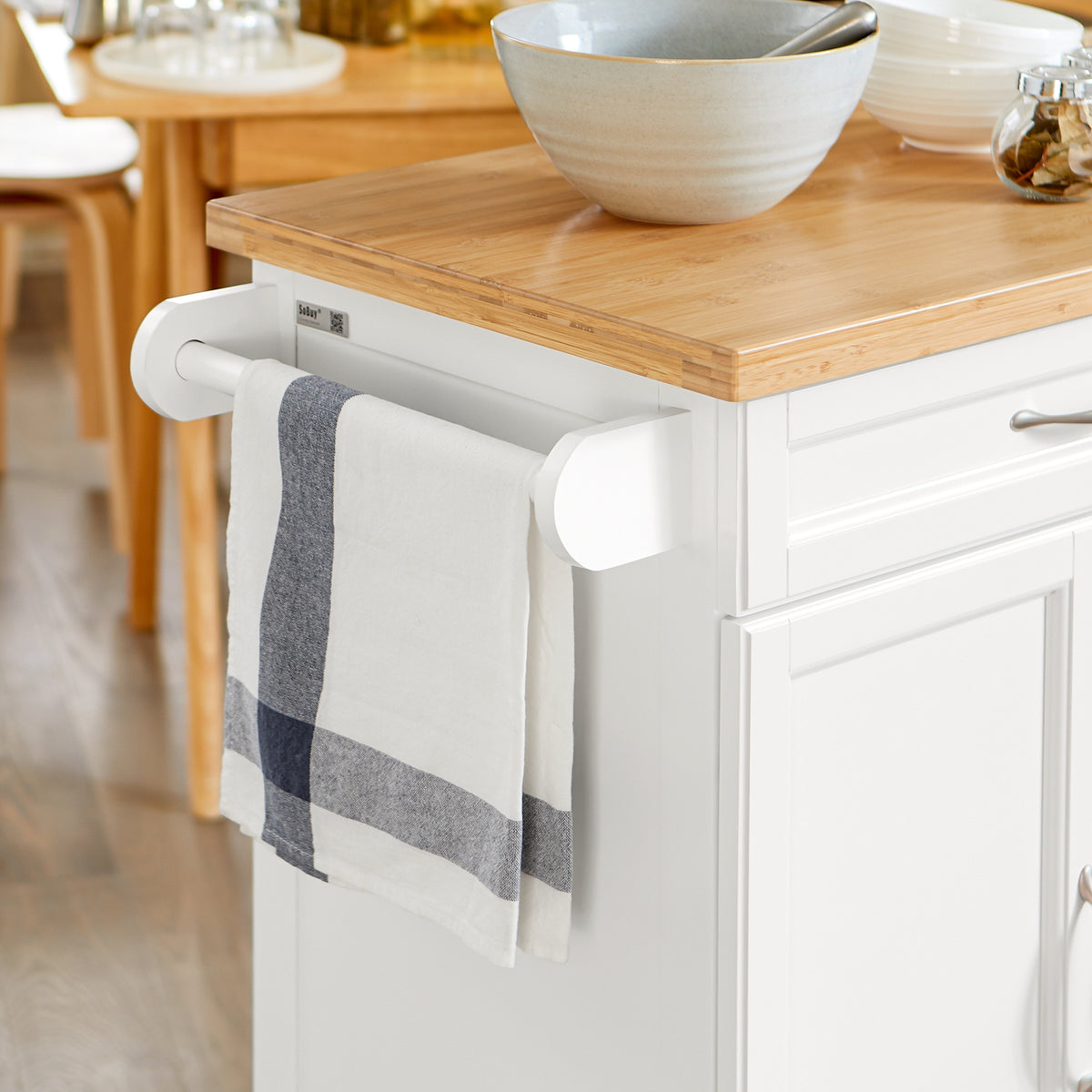 SoBuy FKW13-WN Cărucior de Bucătărie cu Roți, cu Blat din Bambus, 1 Sertar și 2 Uși, Cărucior de Servire pentru Bucătărie sau Restaurant – 66x45x91 cm, Alb și Natural