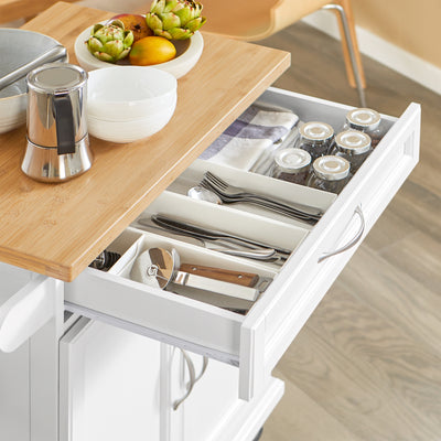 SoBuy FKW13-WN Cărucior de Bucătărie cu Roți, cu Blat din Bambus, 1 Sertar și 2 Uși, Cărucior de Servire pentru Bucătărie sau Restaurant – 66x45x91 cm, Alb și Natural