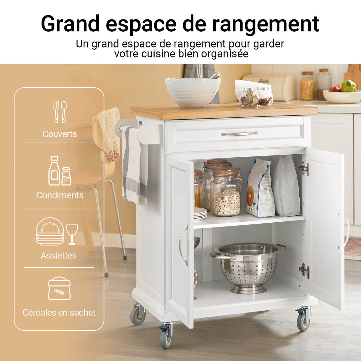 SoBuy FKW13-WN Cărucior de Bucătărie cu Roți, cu Blat din Bambus, 1 Sertar și 2 Uși, Cărucior de Servire pentru Bucătărie sau Restaurant – 66x45x91 cm, Alb și Natural