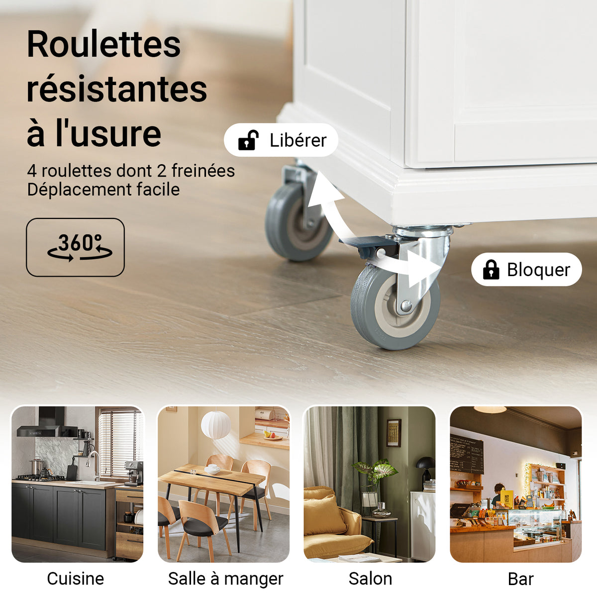 SoBuy FKW13-WN Cărucior de Bucătărie cu Roți, cu Blat din Bambus, 1 Sertar și 2 Uși, Cărucior de Servire pentru Bucătărie sau Restaurant – 66x45x91 cm, Alb și Natural