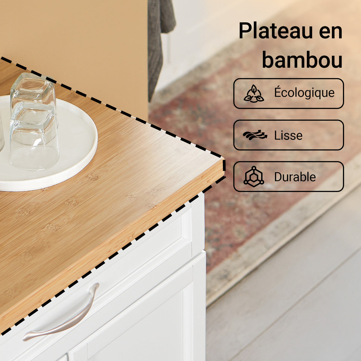 SoBuy FKW13-WN Cărucior de Bucătărie cu Roți, cu Blat din Bambus, 1 Sertar și 2 Uși, Cărucior de Servire pentru Bucătărie sau Restaurant – 66x45x91 cm, Alb și Natural