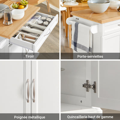 SoBuy FKW13-WN Cărucior de Bucătărie cu Roți, cu Blat din Bambus, 1 Sertar și 2 Uși, Cărucior de Servire pentru Bucătărie sau Restaurant – 66x45x91 cm, Alb și Natural