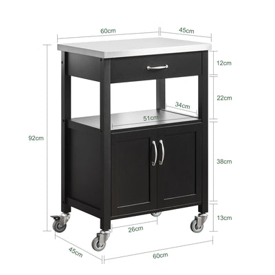 SoBuy FKW22-SCH Desserte de Cuisine à Roulettes avec Plan de Travail INOX, 1 Tiroir, 1 Étagère et 2 Portes, Chariot Multifonction – 60x45x92 cm, Noir