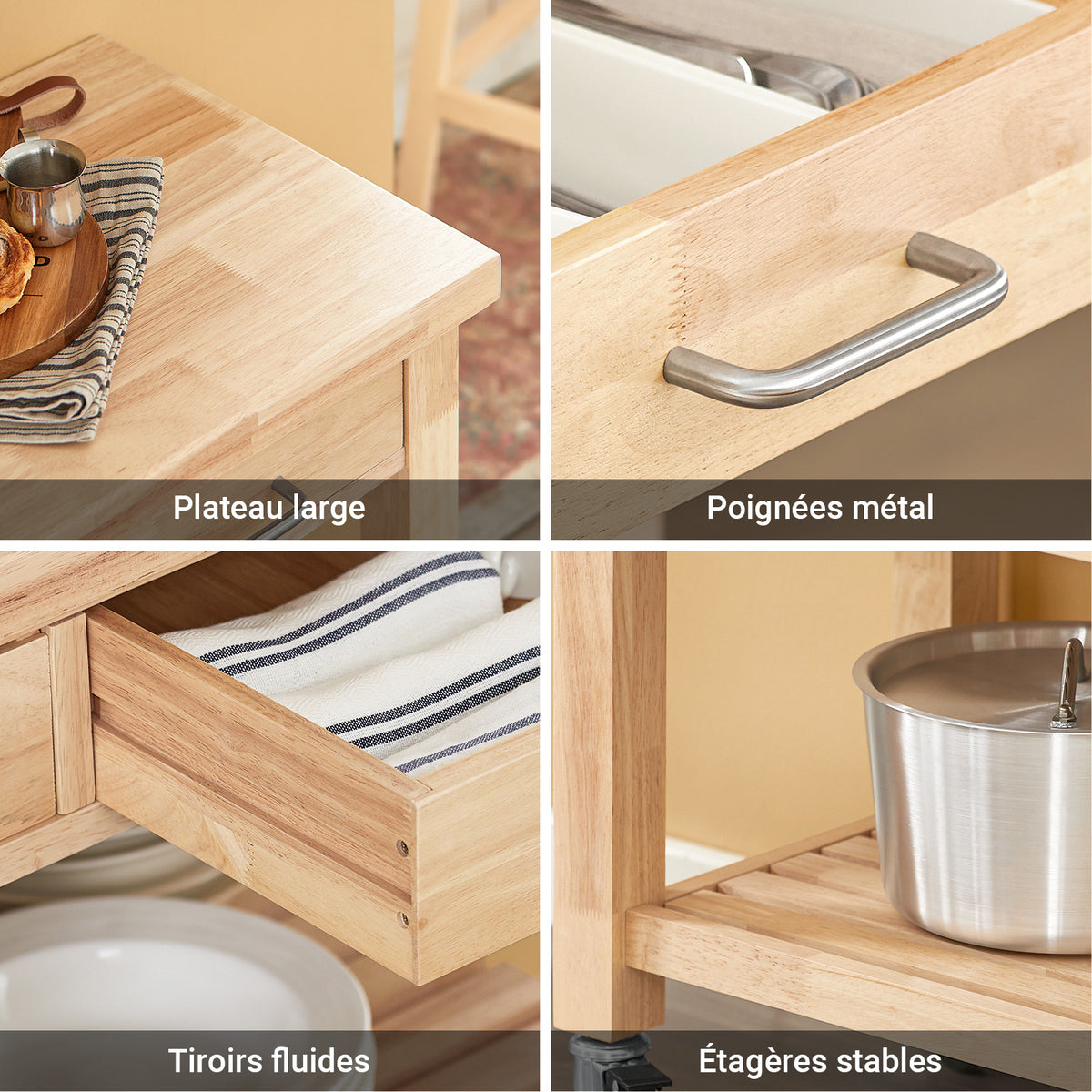 SoBuy FKW24-II-N Desserte de Cuisine sur Roulettes en Bois d'Hévéa – 2 Tiroirs, 2 Étagères, Meuble Cuisine Compact 80×40×90 cm