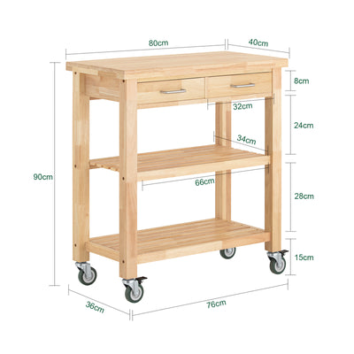 SoBuy FKW24-II-N Desserte de Cuisine sur Roulettes en Bois d'Hévéa – 2 Tiroirs, 2 Étagères, Meuble Cuisine Compact 80×40×90 cm