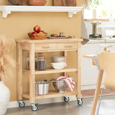 SoBuy FKW24-II-N Desserte de Cuisine sur Roulettes en Bois d'Hévéa – 2 Tiroirs, 2 Étagères, Meuble Cuisine Compact 80×40×90 cm