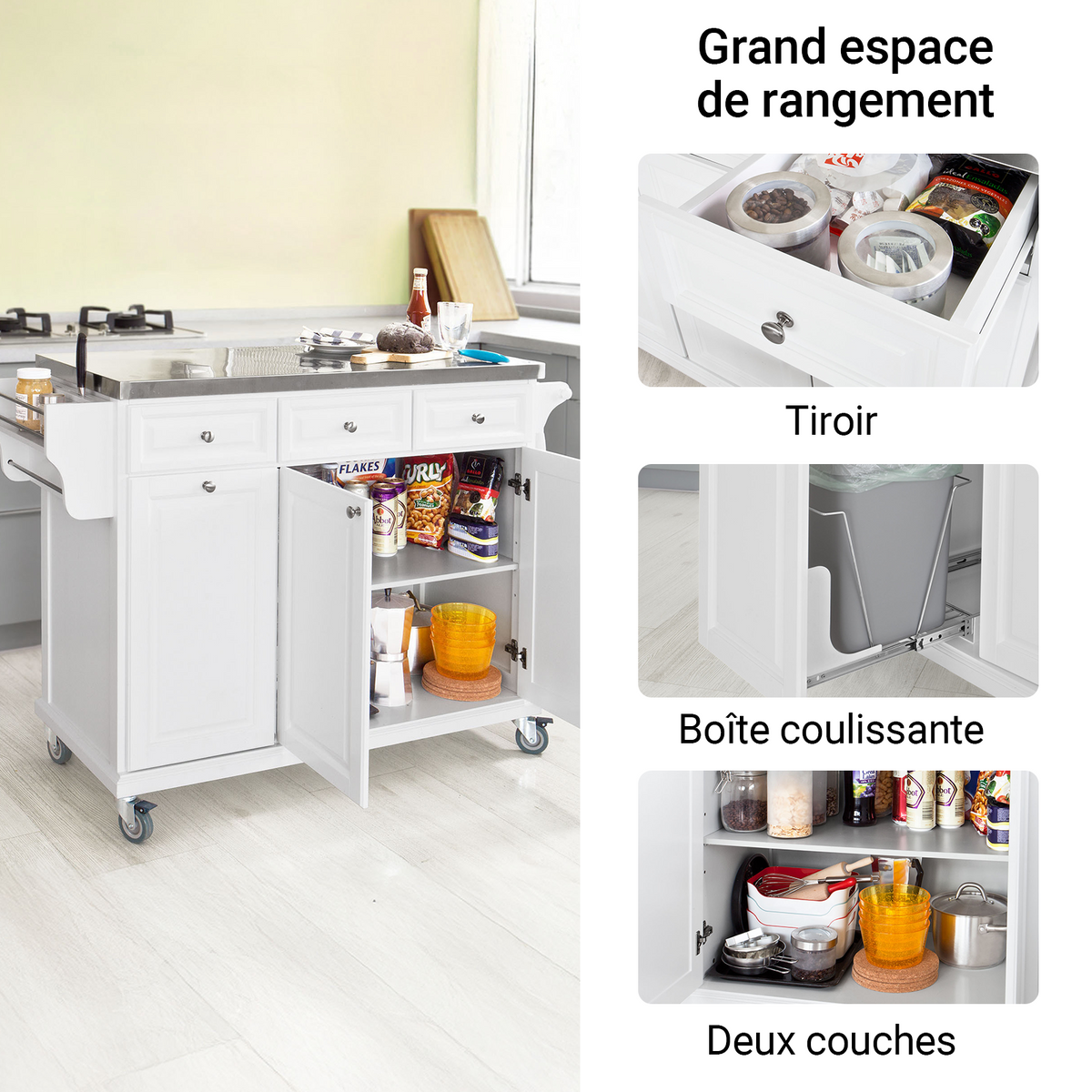 SoBuy FKW33-W Desserte de Cuisine à Roulettes XXL avec Plan de Travail INOX, 3 Tiroirs et Système de Tri des Déchets, Charge 50 kg – 133x48x95 cm, Blanc