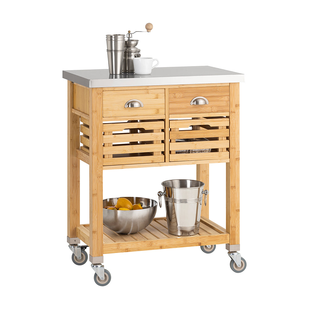 SoBuy FKW40-N Desserte de Cuisine à Roulettes en Bambou avec Plan de Travail INOX, 2 Tiroirs et 2 Paniers, Îlon Central Compa