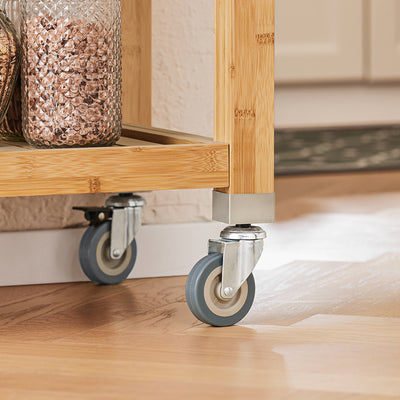 SoBuy FKW40-N Cărucior de bucătărie pe roți din bambus cu blat din INOX, 2 sertare și 2 coșuri, Insulă Centrală Compactă – 73x46x93 cm, Natural