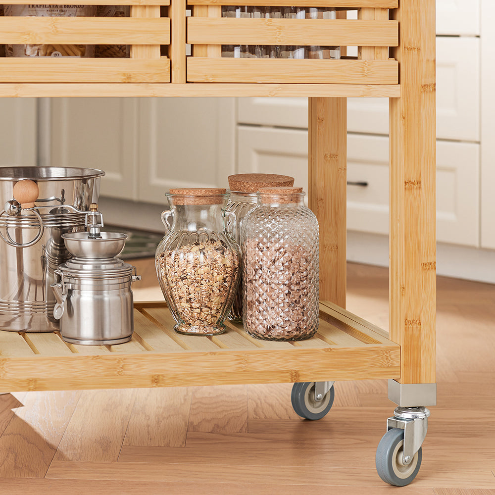SoBuy FKW40-N Cărucior de bucătărie pe roți din bambus cu blat din INOX, 2 sertare și 2 coșuri, Insulă Centrală Compactă – 73x46x93 cm, Natural