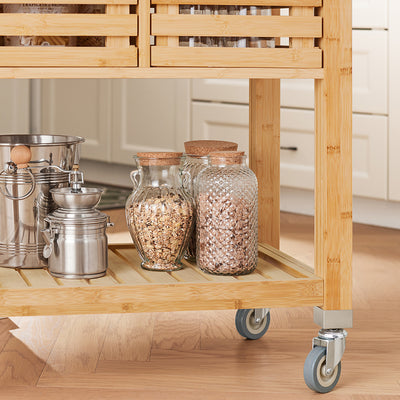 SoBuy FKW40-N Cărucior de bucătărie pe roți din bambus cu blat din INOX, 2 sertare și 2 coșuri, Insulă Centrală Compactă – 73x46x93 cm, Natural