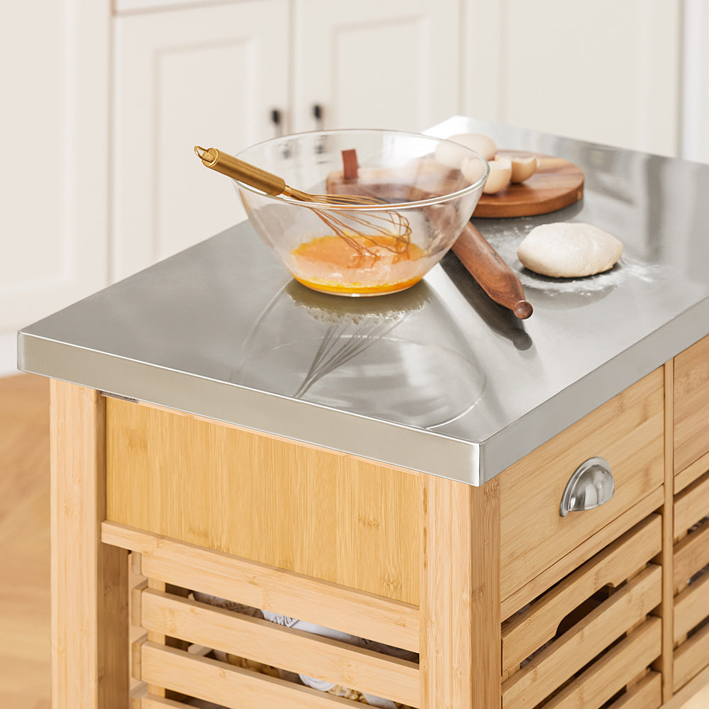 SoBuy FKW40-N Cărucior de bucătărie pe roți din bambus cu blat din INOX, 2 sertare și 2 coșuri, Insulă Centrală Compactă – 73x46x93 cm, Natural