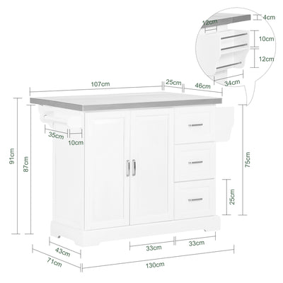 SoBuy FKW41-ST Desserte Cuisine avec Roulettes, Plan de Travail Extensible, 2 Tiroirs et Étagères Réglables, Mobile, Rangement Optimisé – L130×P46(+25)×H91 cm