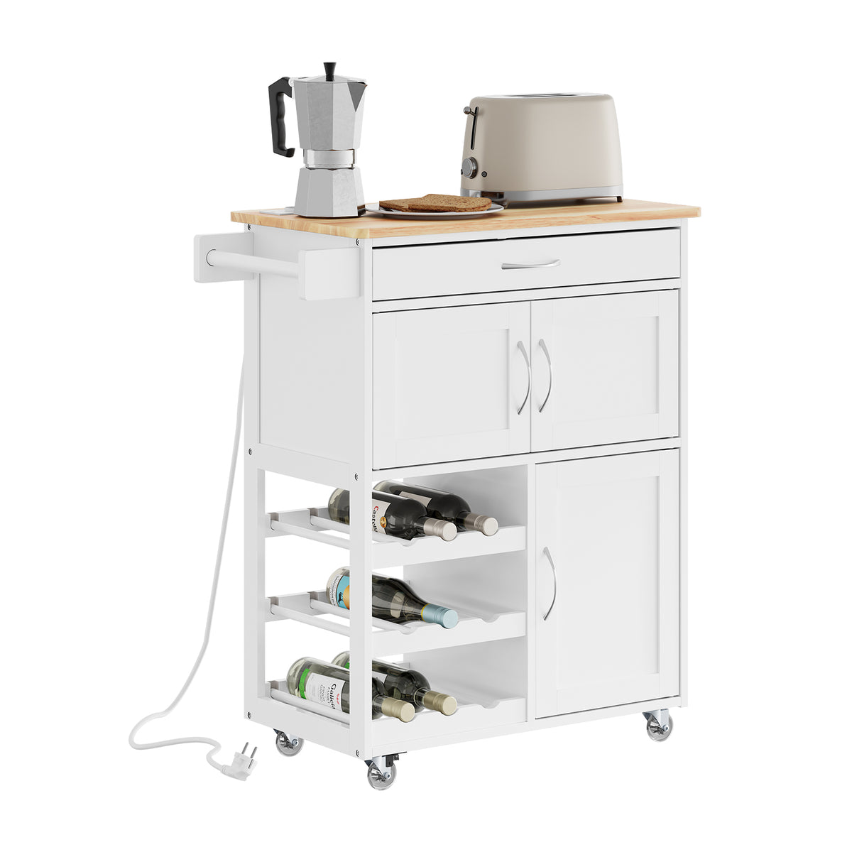 SoBuy FKW45-E-WN Desserte de Cuisine avec Prise Intégrée – 2 Prises + 2 USB, Casier à Bouteilles, Roulettes ou Pieds, 63 kg, 
