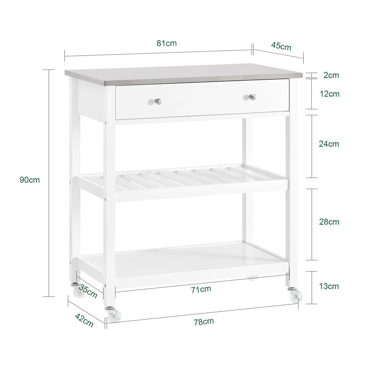 SoBuy FKW47-II-W Cărucior de bucătărie cu roți, cu blat din oțel inoxidabil, 1 sertar și 2 rafturi deschise, Insulă Centrală, Sarcină 70 kg – 81x45x90 cm, Alb