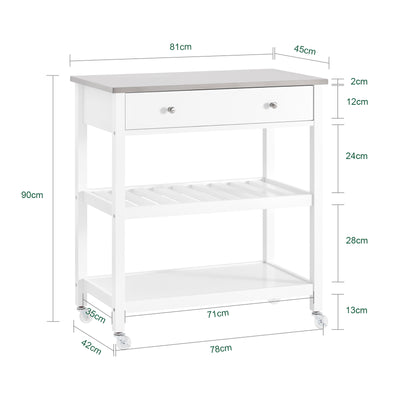 SoBuy FKW47-II-W Cărucior de bucătărie cu roți, cu blat din oțel inoxidabil, 1 sertar și 2 rafturi deschise, Insulă Centrală, Sarcină 70 kg – 81x45x90 cm, Alb