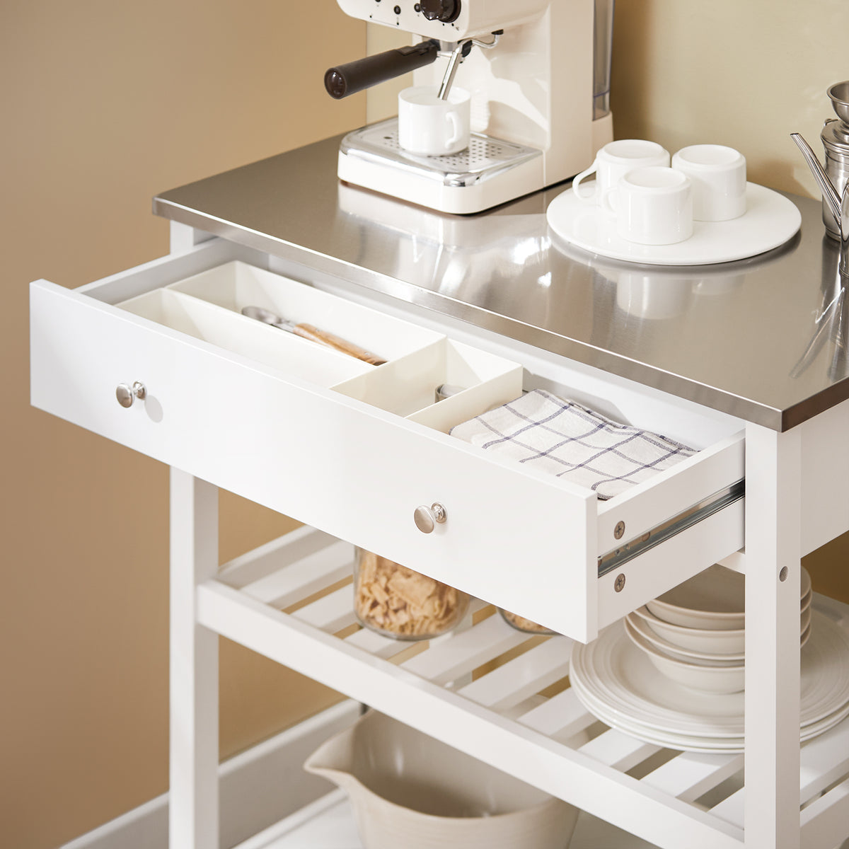 SoBuy FKW47-II-W Cărucior de bucătărie cu roți, cu blat din oțel inoxidabil, 1 sertar și 2 rafturi deschise, Insulă Centrală, Sarcină 70 kg – 81x45x90 cm, Alb