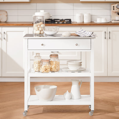 SoBuy FKW47-II-W Cărucior de bucătărie cu roți, cu blat din oțel inoxidabil, 1 sertar și 2 rafturi deschise, Insulă Centrală, Sarcină 70 kg – 81x45x90 cm, Alb