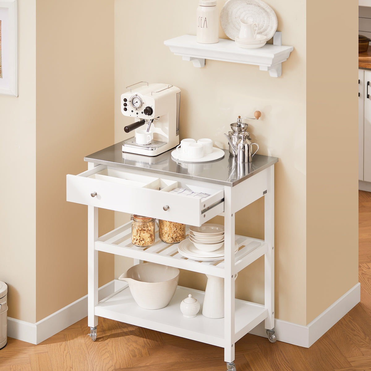 SoBuy FKW47-II-W Cărucior de bucătărie cu roți, cu blat din oțel inoxidabil, 1 sertar și 2 rafturi deschise, Insulă Centrală, Sarcină 70 kg – 81x45x90 cm, Alb