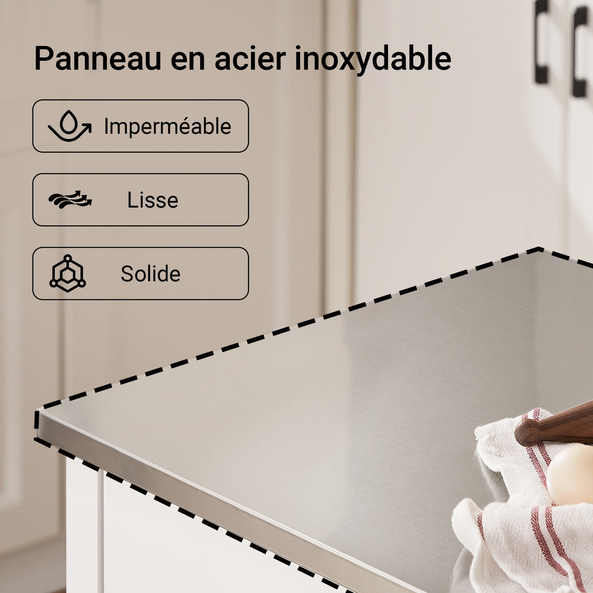 SoBuy FKW47-II-W Cărucior de bucătărie cu roți, cu blat din oțel inoxidabil, 1 sertar și 2 rafturi deschise, Insulă Centrală, Sarcină 70 kg – 81x45x90 cm, Alb