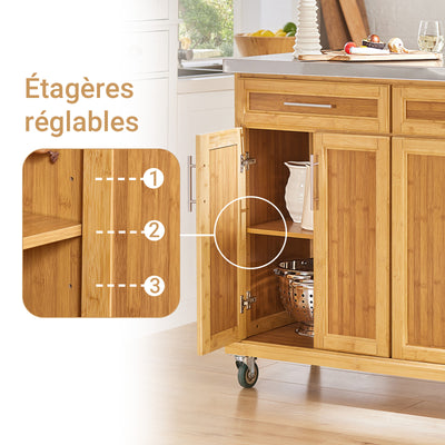 SoBuy FKW69-N Cărucior de Bucătărie cu Roți, Blat Extensibil din Inox 46→71cm, 2 Sertare și Rafturi Reglabile, Sarcină 100 kg – 115x46x92 cm, Natural
