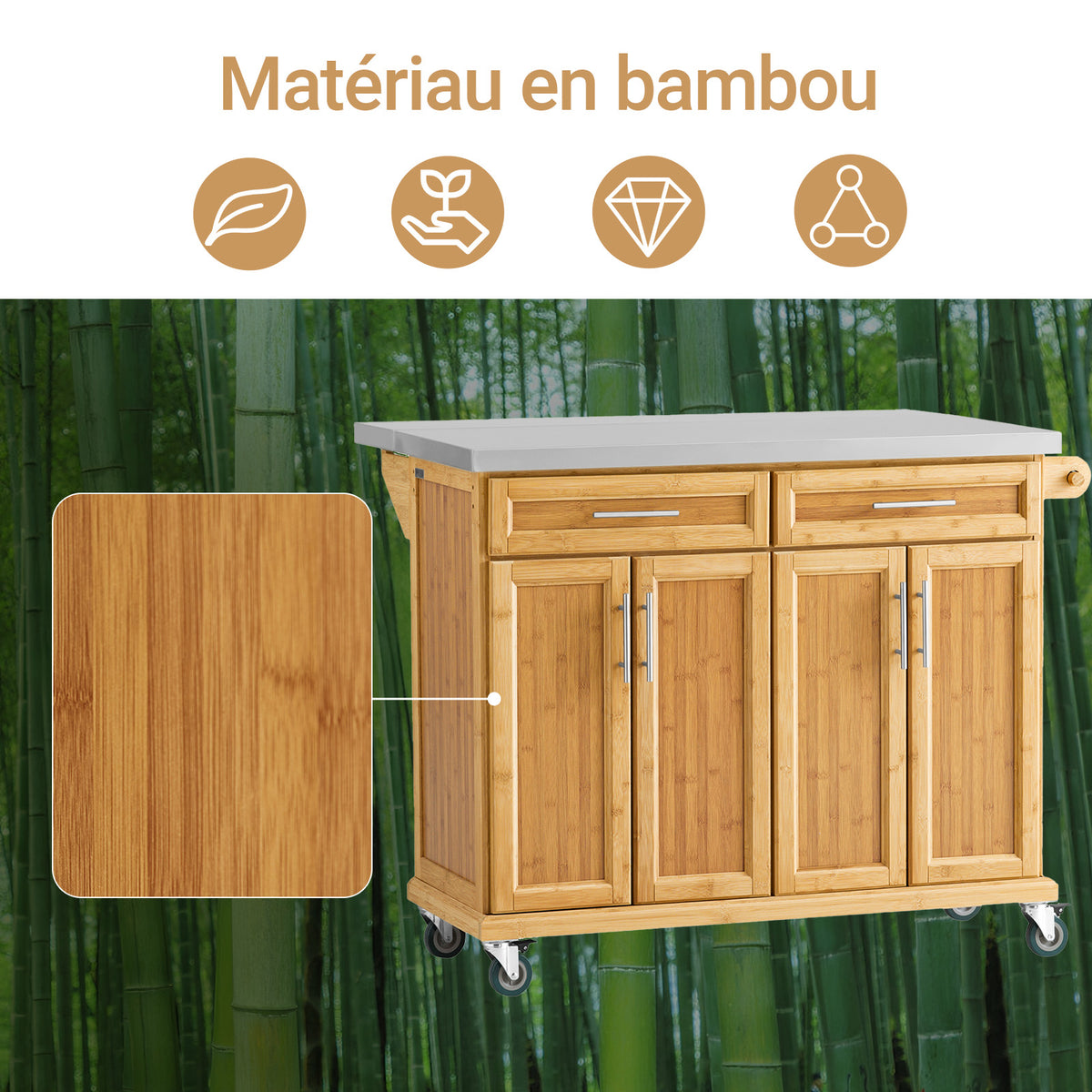SoBuy FKW69-N Cărucior de Bucătărie cu Roți, Blat Extensibil din Inox 46→71cm, 2 Sertare și Rafturi Reglabile, Sarcină 100 kg – 115x46x92 cm, Natural