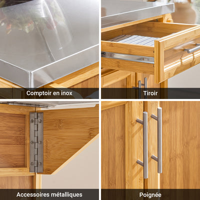SoBuy FKW69-N Cărucior de Bucătărie cu Roți, Blat Extensibil din Inox 46→71cm, 2 Sertare și Rafturi Reglabile, Sarcină 100 kg – 115x46x92 cm, Natural