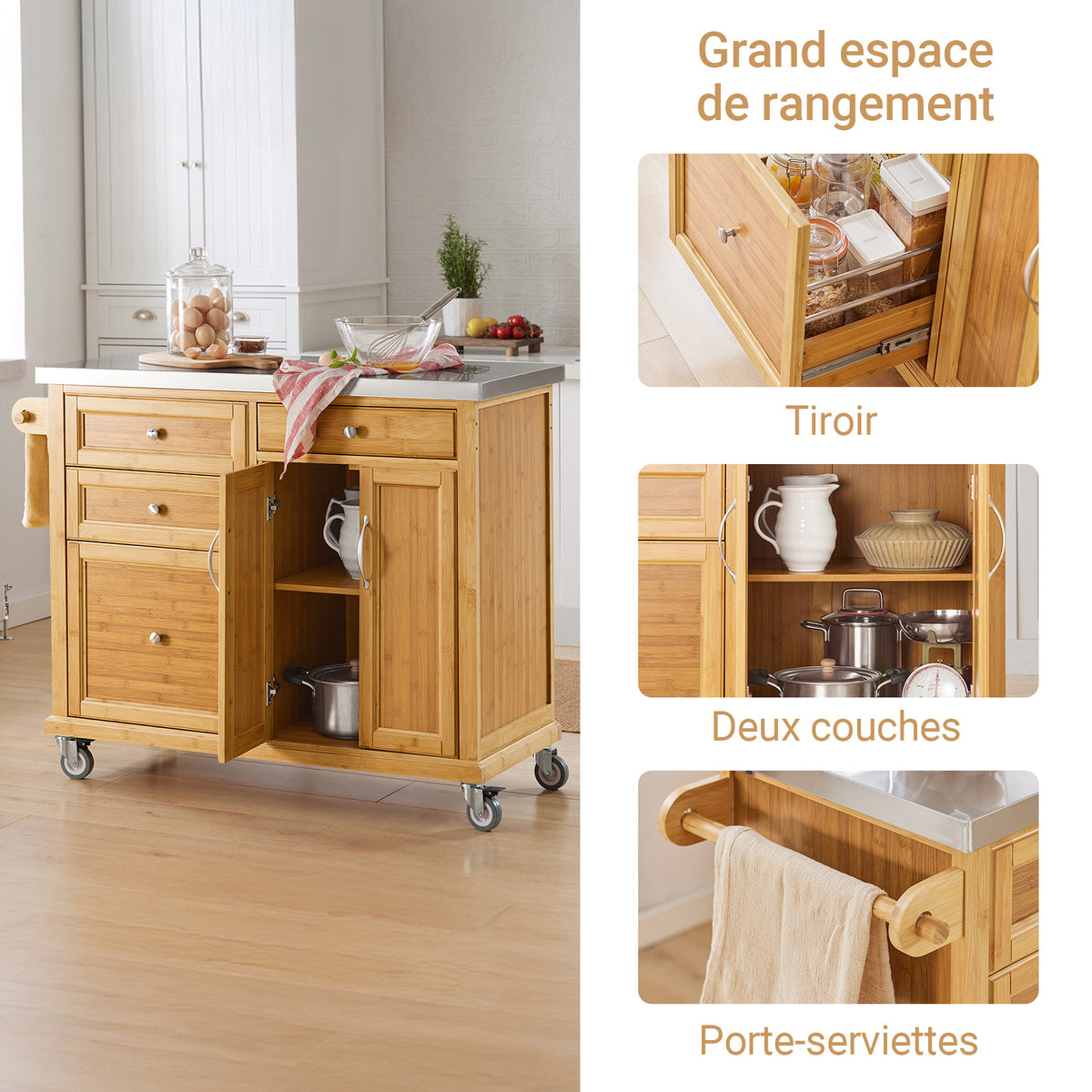SoBuy FKW70-N Insulă de Bucătărie pe Roți, Blat de Lucru din INOX, 4 Sertare, Cărucior Mobil cu Spații de Depozitare – 115x46x92cm, Natur