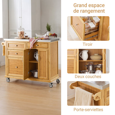 SoBuy FKW70-N Insulă de Bucătărie pe Roți, Blat de Lucru din INOX, 4 Sertare, Cărucior Mobil cu Spații de Depozitare – 115x46x92cm, Natur