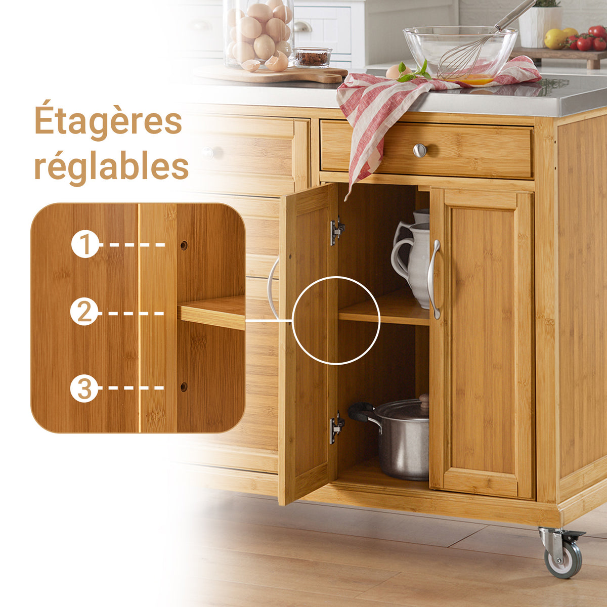 SoBuy FKW70-N Insulă de Bucătărie pe Roți, Blat de Lucru din INOX, 4 Sertare, Cărucior Mobil cu Spații de Depozitare – 115x46x92cm, Natur