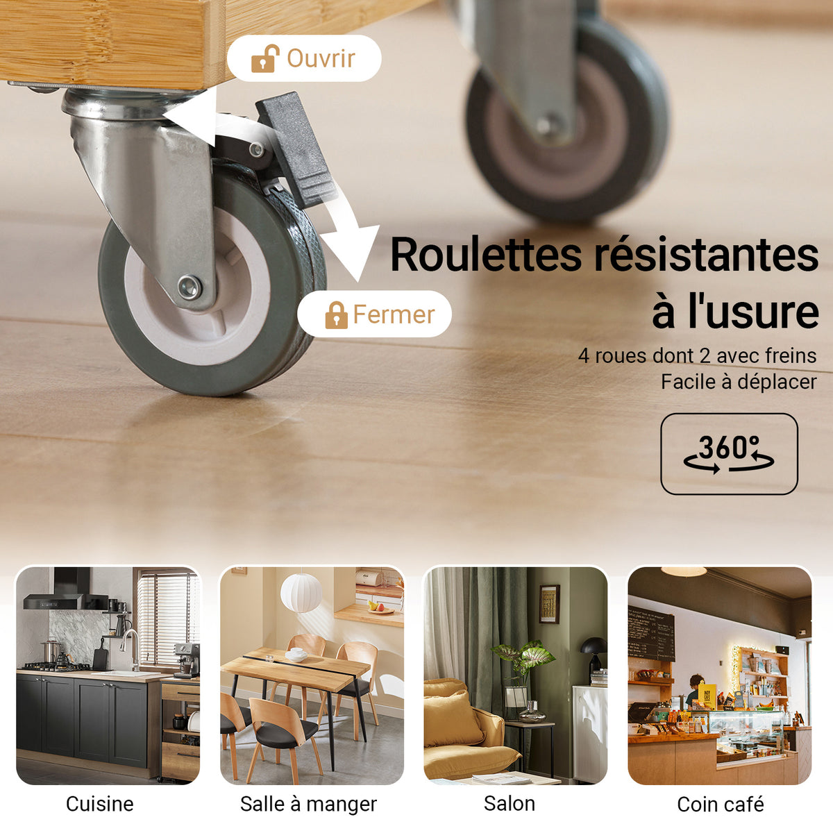 SoBuy FKW70-N Insulă de Bucătărie pe Roți, Blat de Lucru din INOX, 4 Sertare, Cărucior Mobil cu Spații de Depozitare – 115x46x92cm, Natur