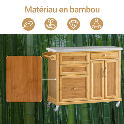 SoBuy FKW70-N Insulă de Bucătărie pe Roți, Blat de Lucru din INOX, 4 Sertare, Cărucior Mobil cu Spații de Depozitare – 115x46x92cm, Natur