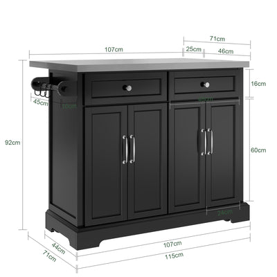 SoBuy FKW71-II-SCH Insulă de Bucătărie pe Roți, Blat Extensibil 46→71cm, 2 Sertare, Polițe Ajustabile, Suportă 100kg – 115x46x92cm, Negru