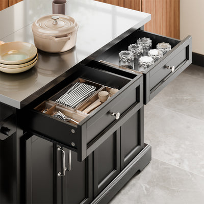 SoBuy FKW71-II-SCH Insulă de Bucătărie pe Roți, Blat Extensibil 46→71cm, 2 Sertare, Polițe Ajustabile, Suportă 100kg – 115x46x92cm, Negru