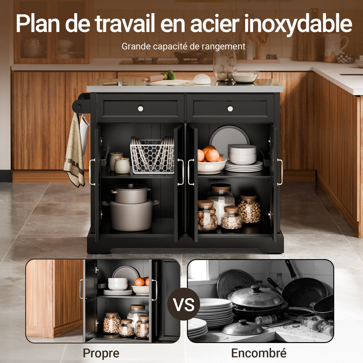 SoBuy FKW71-II-SCH Insulă de Bucătărie pe Roți, Blat Extensibil 46→71cm, 2 Sertare, Polițe Ajustabile, Suportă 100kg – 115x46x92cm, Negru