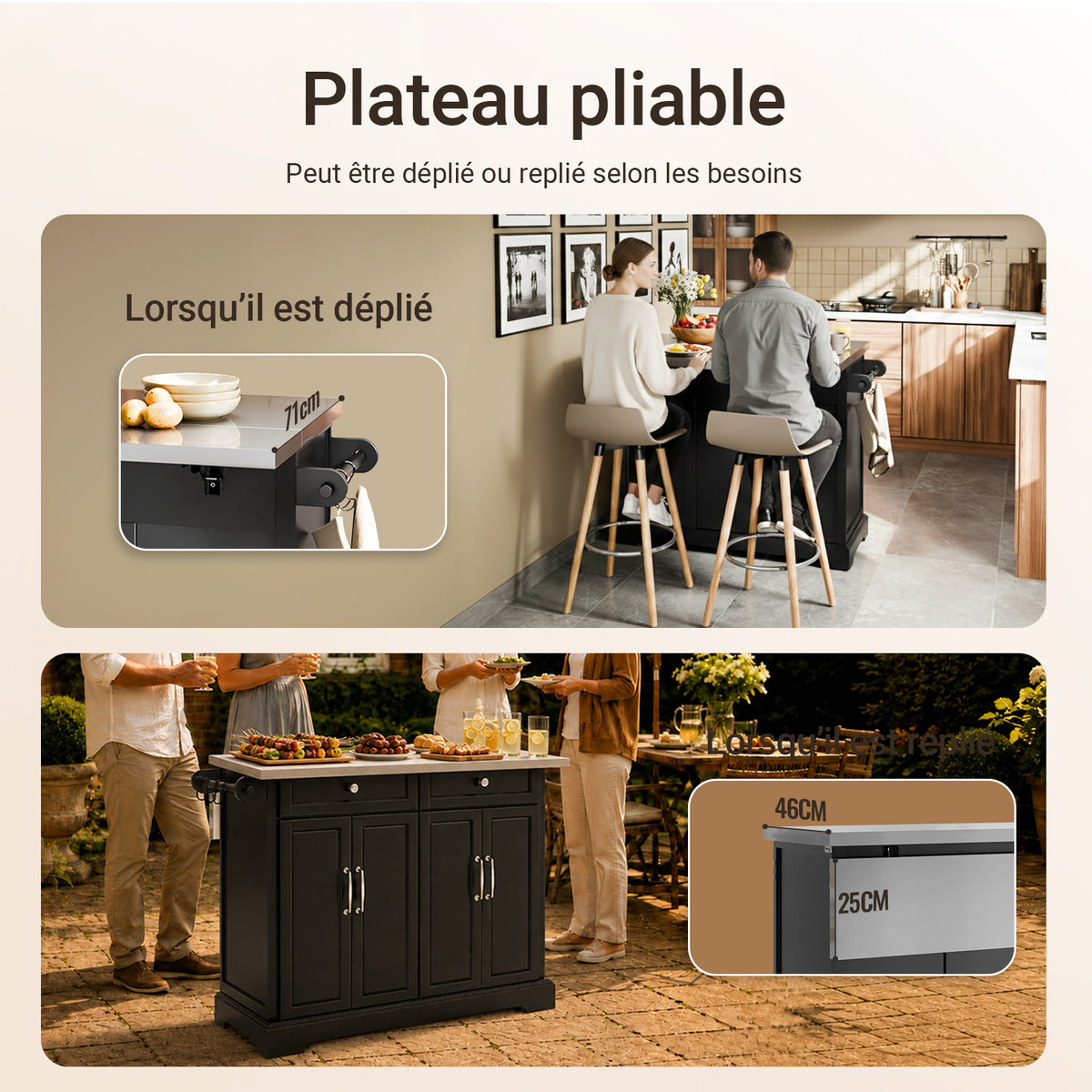 SoBuy FKW71-II-SCH Insulă de Bucătărie pe Roți, Blat Extensibil 46→71cm, 2 Sertare, Polițe Ajustabile, Suportă 100kg – 115x46x92cm, Negru