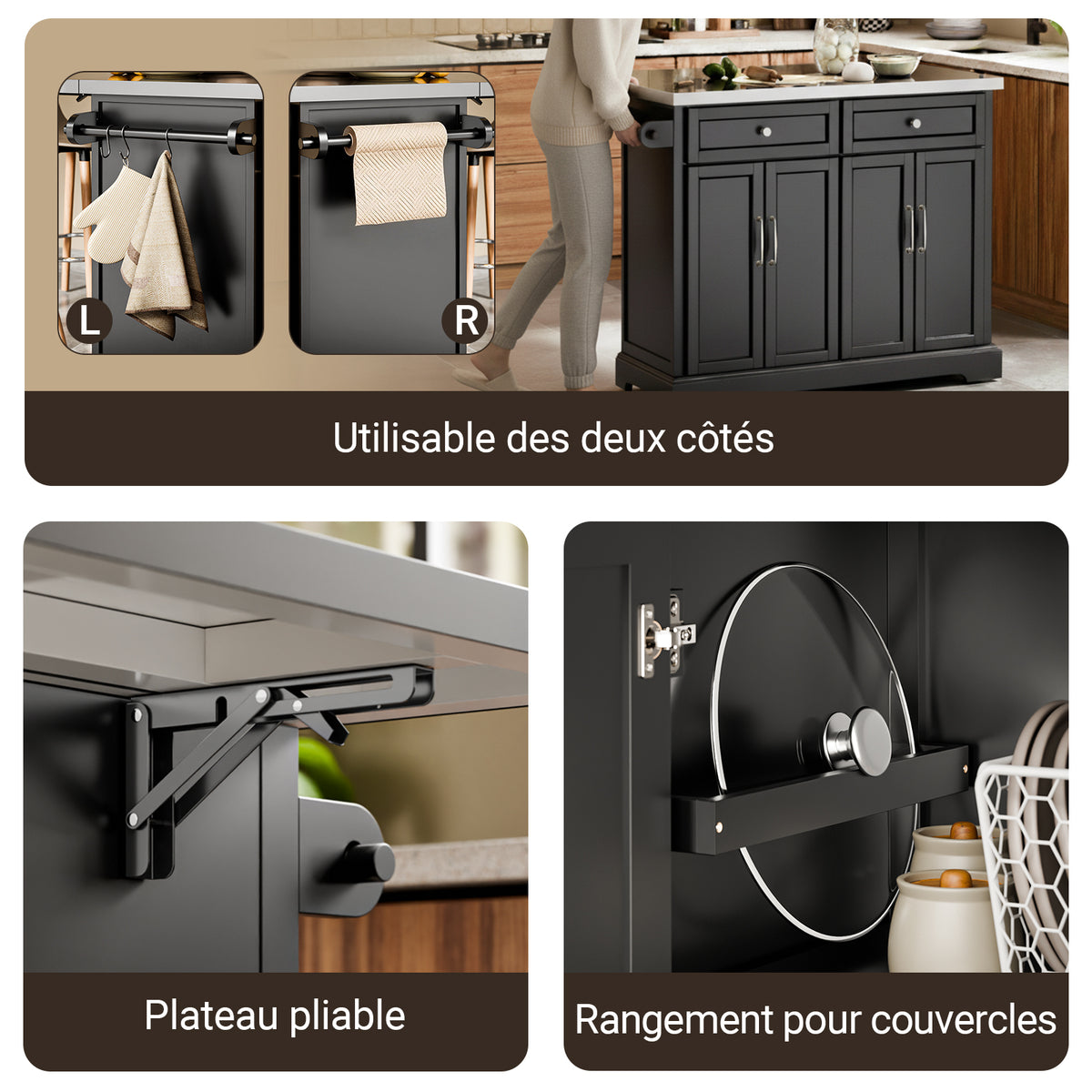 SoBuy FKW71-II-SCH Insulă de Bucătărie pe Roți, Blat Extensibil 46→71cm, 2 Sertare, Polițe Ajustabile, Suportă 100kg – 115x46x92cm, Negru