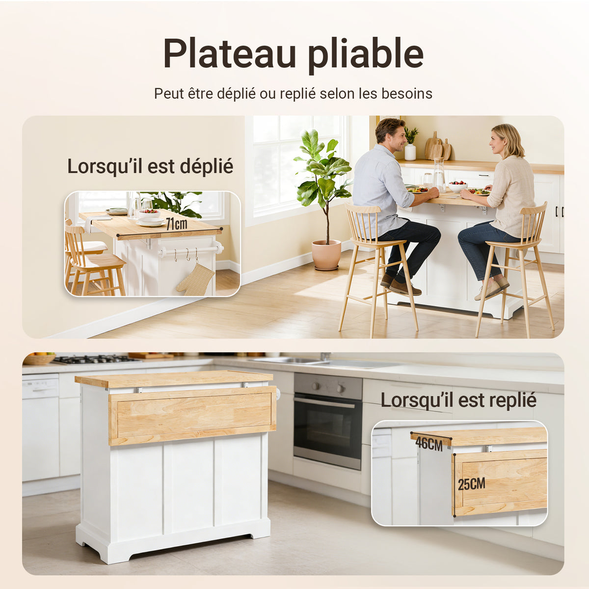 Îlot cuisine mobile SoBuy FKW71-III-WN – détail des 2 tiroirs coulissants