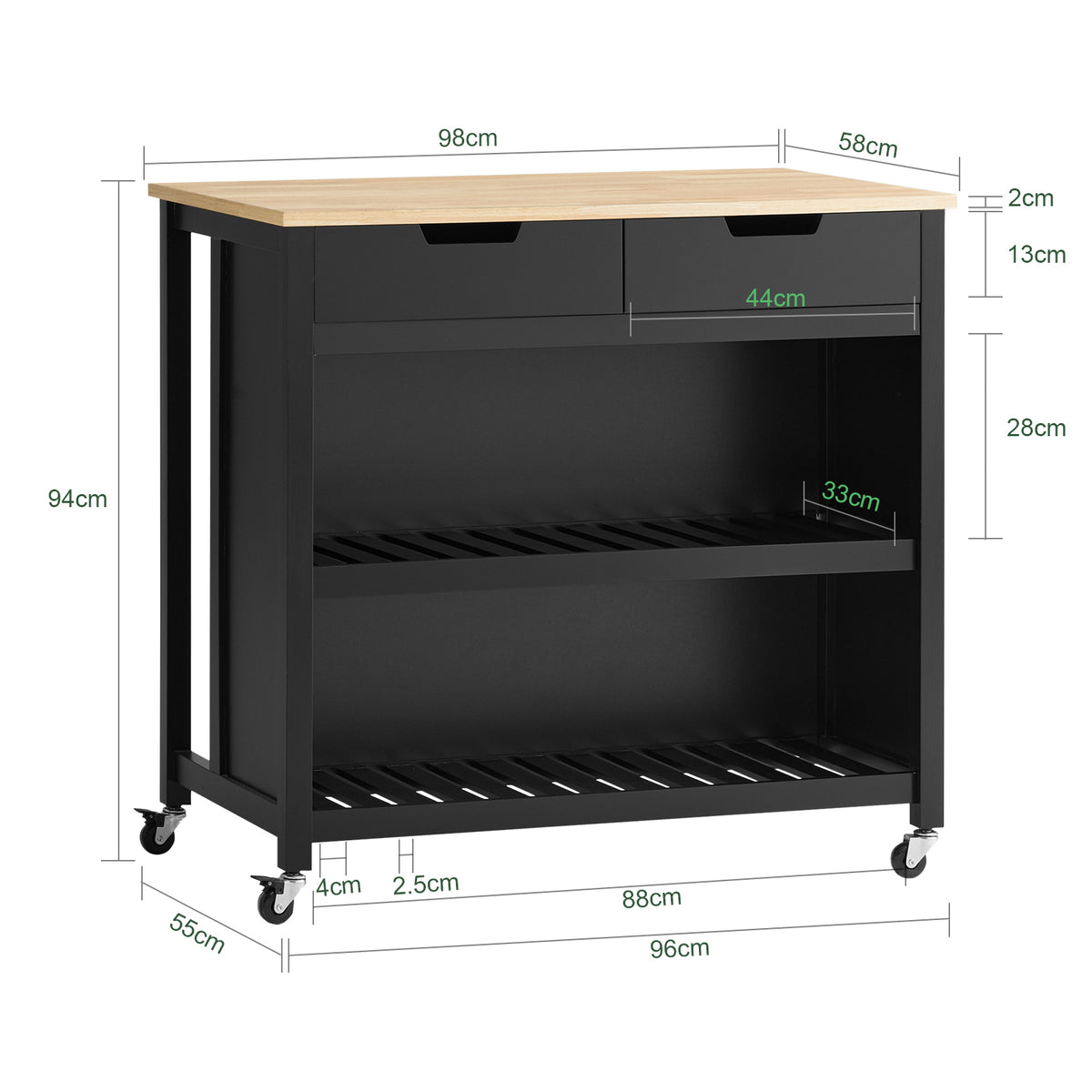 SoBuy FKW74-SCH Cărucior de bucătărie cu rotile, Mobilier de bucătărie, Dulap de depozitare mic, Mobilier cuptor cu microunde, Dulap de bucătărie inferior, Blat de bucătărie 100x60x94cm Negru
