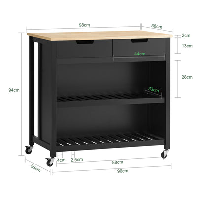 SoBuy FKW74-SCH Cărucior de bucătărie cu rotile, Mobilier de bucătărie, Dulap de depozitare mic, Mobilier cuptor cu microunde, Dulap de bucătărie inferior, Blat de bucătărie 100x60x94cm Negru