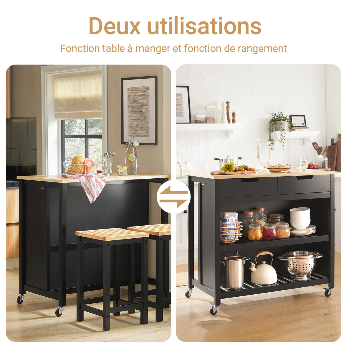 SoBuy FKW74-SCH Cărucior de bucătărie cu rotile, Mobilier de bucătărie, Dulap de depozitare mic, Mobilier cuptor cu microunde, Dulap de bucătărie inferior, Blat de bucătărie 100x60x94cm Negru