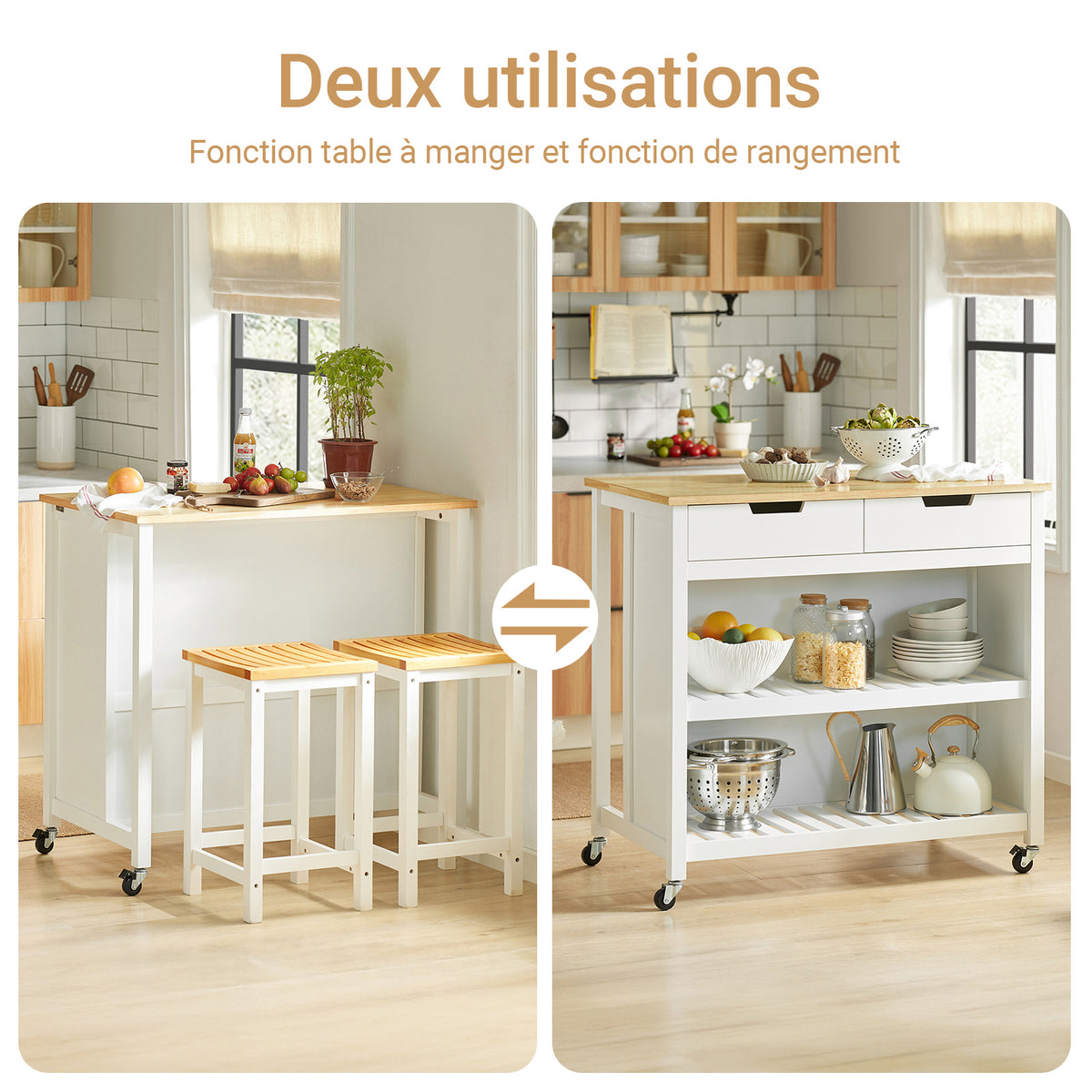 SoBuy FKW74-WN Cărucior de bucătărie cu roți, cu blat de lucru, 2 sertare și 2 rafturi, suport pentru cuptorul cu microunde, sarcină 60 kg – 100x60x94 cm, Alb și Natur