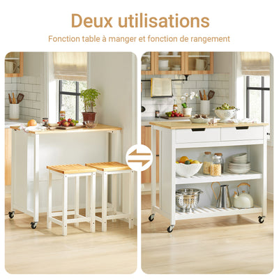 SoBuy FKW74-WN Cărucior de bucătărie cu roți, cu blat de lucru, 2 sertare și 2 rafturi, suport pentru cuptorul cu microunde, sarcină 60 kg – 100x60x94 cm, Alb și Natur