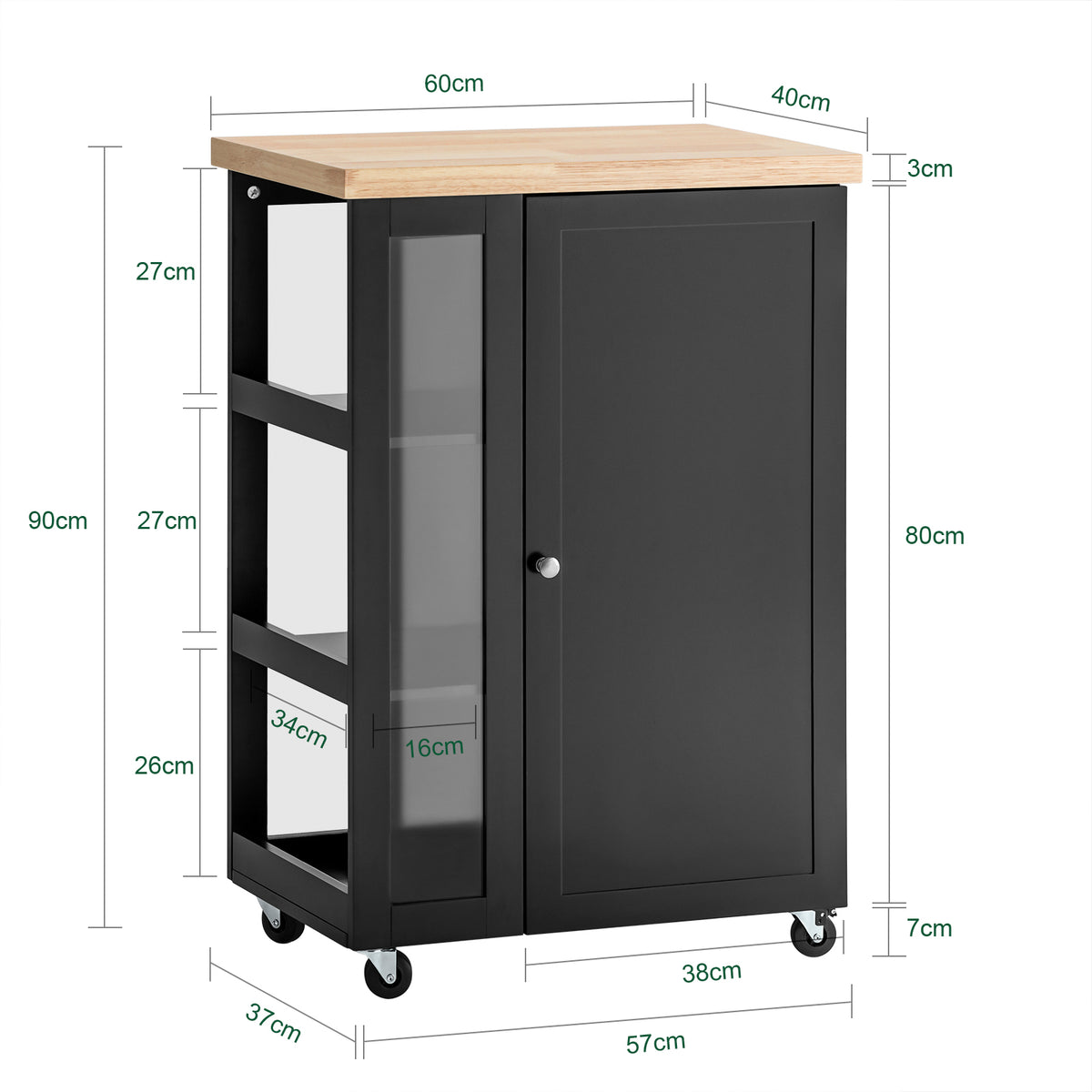 SoBuy FKW75-SCH Cărucior de bucătărie cu roți și raft lateral – Dulap de bucătărie negru cu o singură ușă – Cărucior de servire pentru depozitare și blat compact, 60x92x45cm