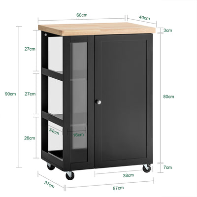 SoBuy FKW75-SCH Cărucior de bucătărie cu roți și raft lateral – Dulap de bucătărie negru cu o singură ușă – Cărucior de servire pentru depozitare și blat compact, 60x92x45cm