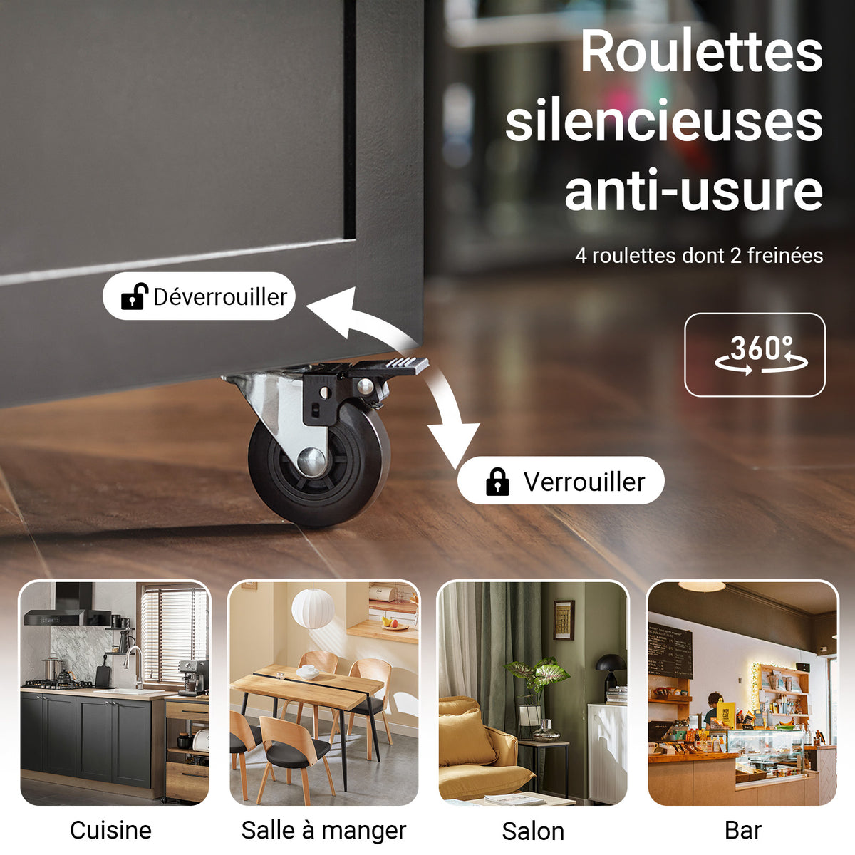 SoBuy FKW75-SCH Cărucior de bucătărie cu roți și raft lateral – Dulap de bucătărie negru cu o singură ușă – Cărucior de servire pentru depozitare și blat compact, 60x92x45cm