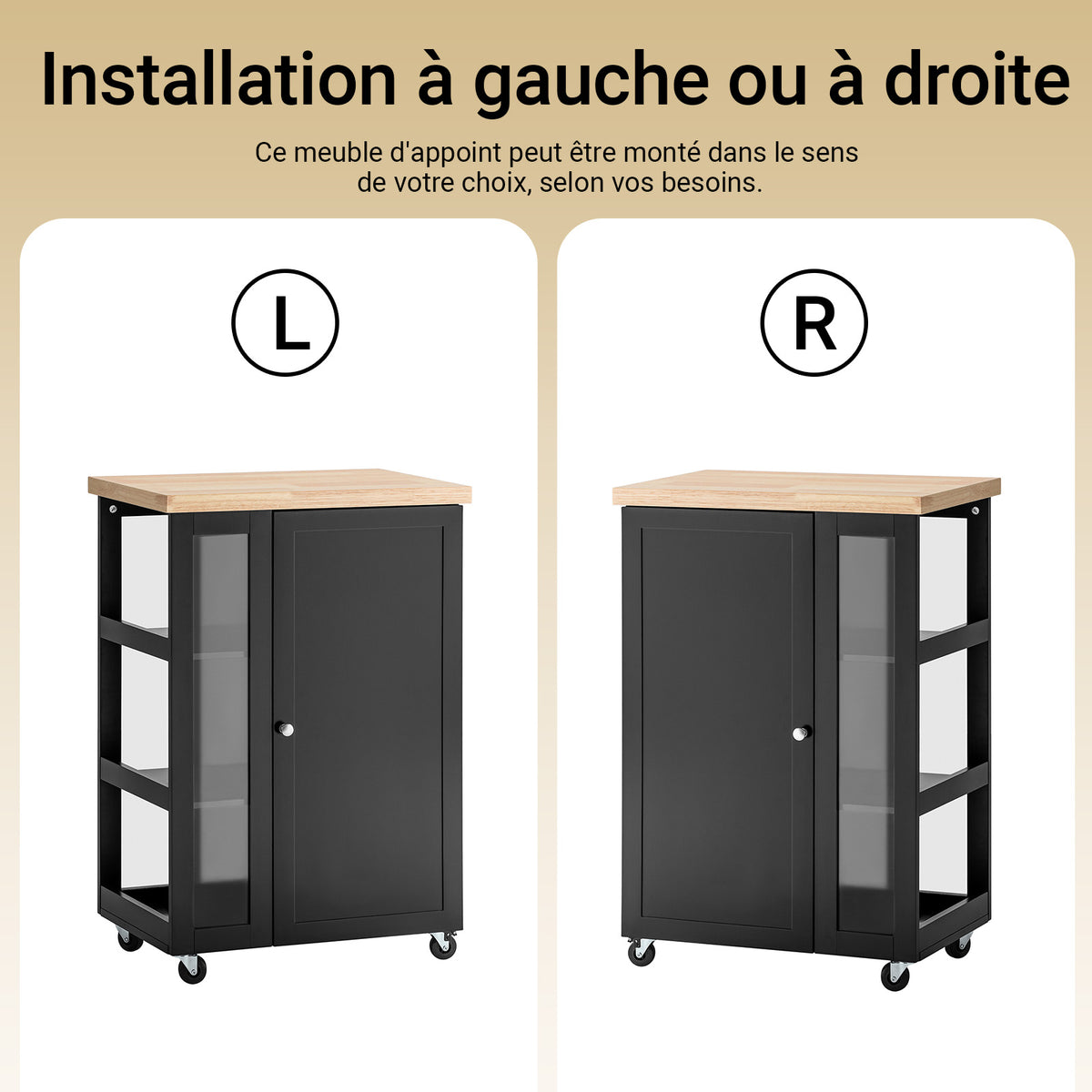SoBuy FKW75-SCH Cărucior de bucătărie cu roți și raft lateral – Dulap de bucătărie negru cu o singură ușă – Cărucior de servire pentru depozitare și blat compact, 60x92x45cm