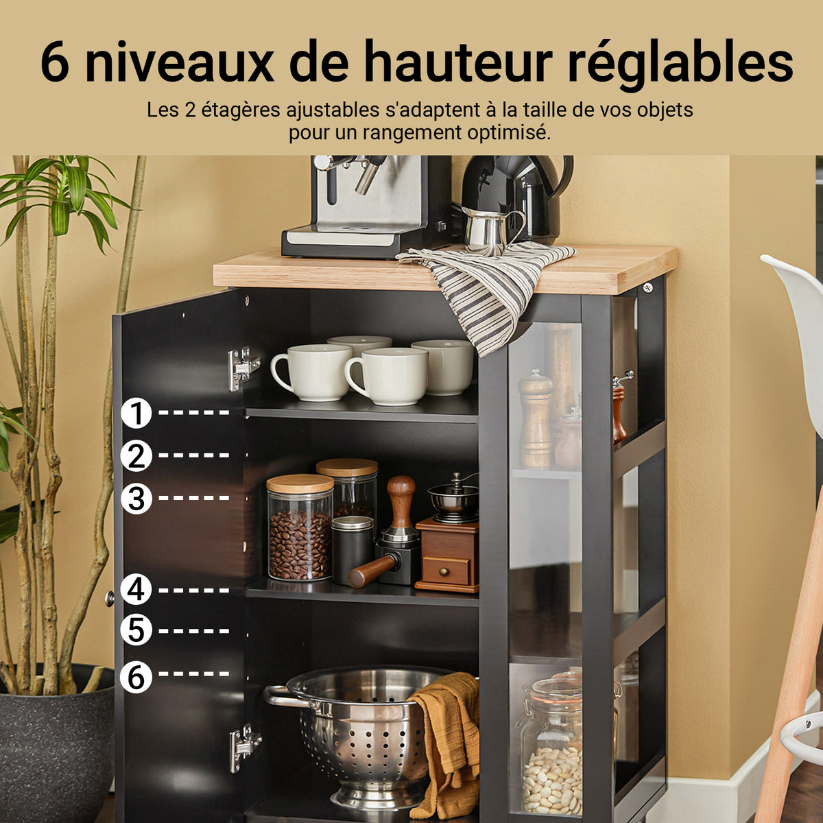 SoBuy FKW75-SCH Cărucior de bucătărie cu roți și raft lateral – Dulap de bucătărie negru cu o singură ușă – Cărucior de servire pentru depozitare și blat compact, 60x92x45cm